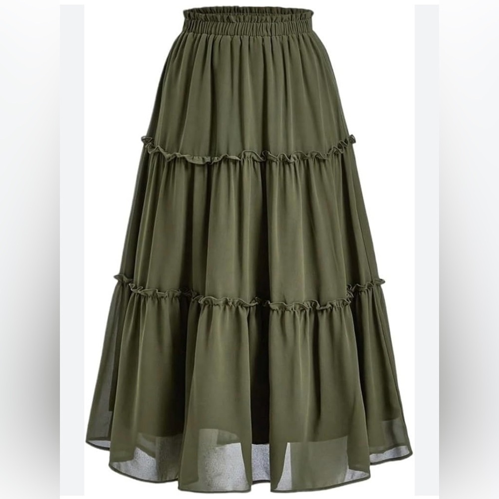 Boutique -Olive Green Tier Ruffle Hem Layer
Maxi Skirt-NWOT-Sz L-Boho-Gypsy - Picture 10 of 11